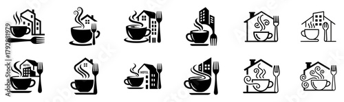 Collection of restaurant and cafe logos featuring coffee cups and building