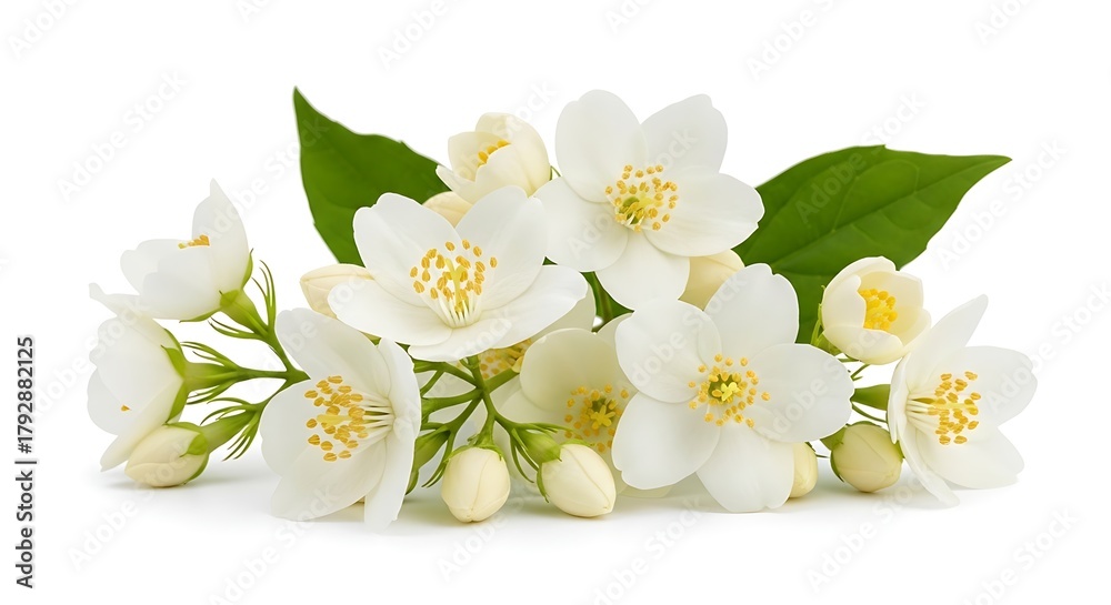 Obraz premium Delicate white jasmine flowers with green leaves isolated on white background