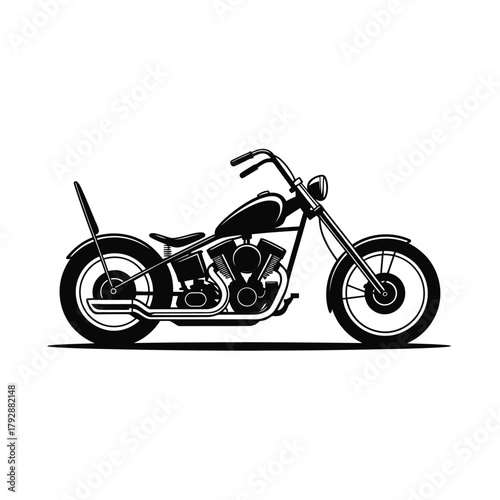Classic black chopper motorcycle with custom details on a white background