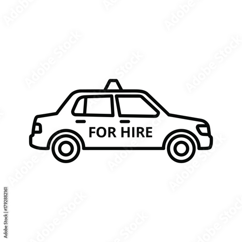 Outline of a taxi car with the words for hire on the side