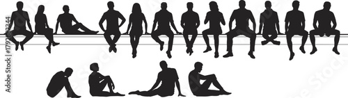 Silhouettes of seated people, beam sitting figures, ground poses, posture study, human shapes, editable vector, social behavior, design illustration
