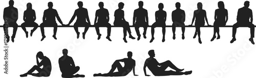 Silhouettes of seated people, casual poses, group interaction, beam sitting, ground relaxation, posture diversity, social gathering, vector art, minimal black design