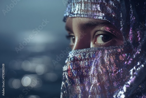 A pair of expressive eyes peek through a shiny, iridescent veil that reflects light in various colors, creating a mysterious and captivating atmosphere with blurred lights in the background