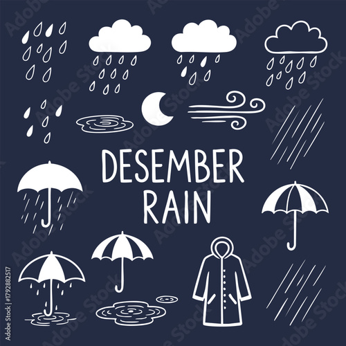 Rainy day doodle, ​Weather vector icons,​ Hand drawn rain set, ​Chalk style illustration, ​White on navy, ​Umbrella icon, ​Raincoat doodle,​ Cloud and rain, ​Wind symbol, ​Puddle illustration