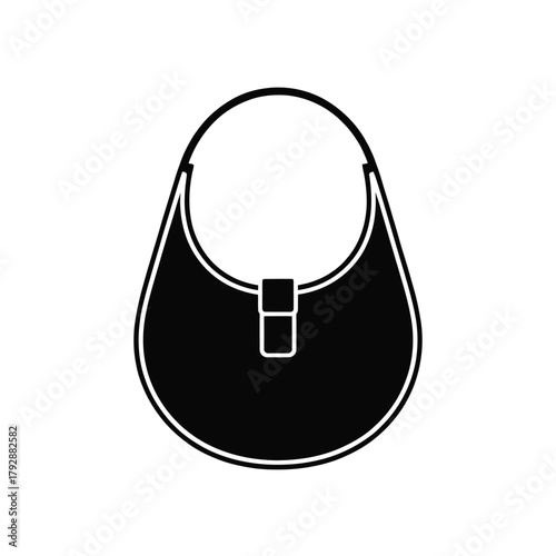 Simple black silhouette of a classic hobo handbag with a buckle detail