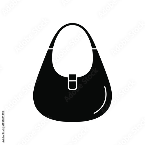 Simple black silhouette of a classic hobo handbag with a buckle closure