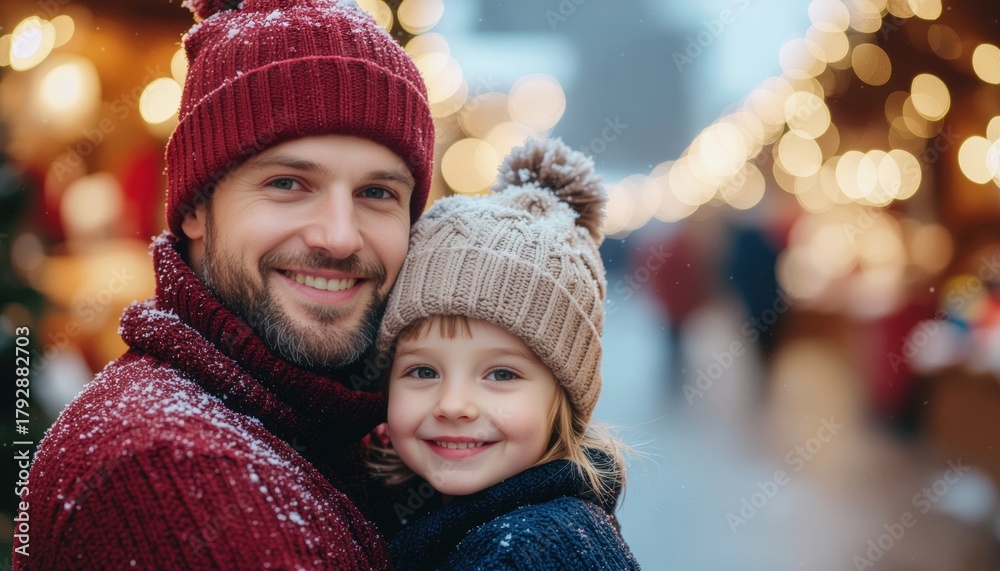 Obraz premium Father and child embracing joyfully at a winter market festive atmosphere holiday spirit outdoor close-up