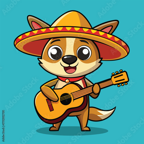 Cheerful cartoon dog in sombrero plays acoustic guitar solo song