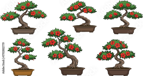 Red flowering bonsai trees in pots, perfect for nature illustration, decoration, gardening, and oriental design projects