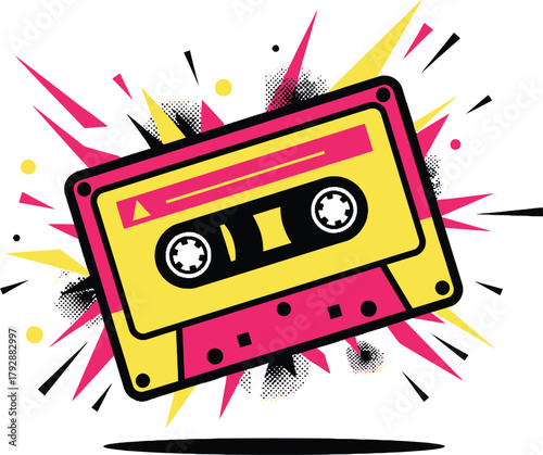 Retro Cassette Tape Illustration Vector in Pop Art Style with Vibrant Colors and Explosive Energy Background for Music and Nostalgia