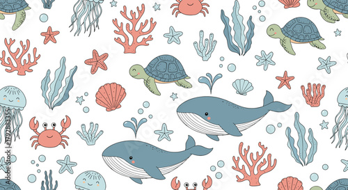 Cute cartoon sea creatures and plants seamless pattern on a white background.