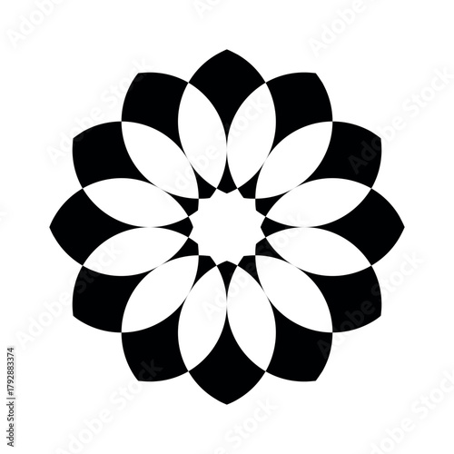 A symmetrical black and white floral design with overlapping petals on a white background centered