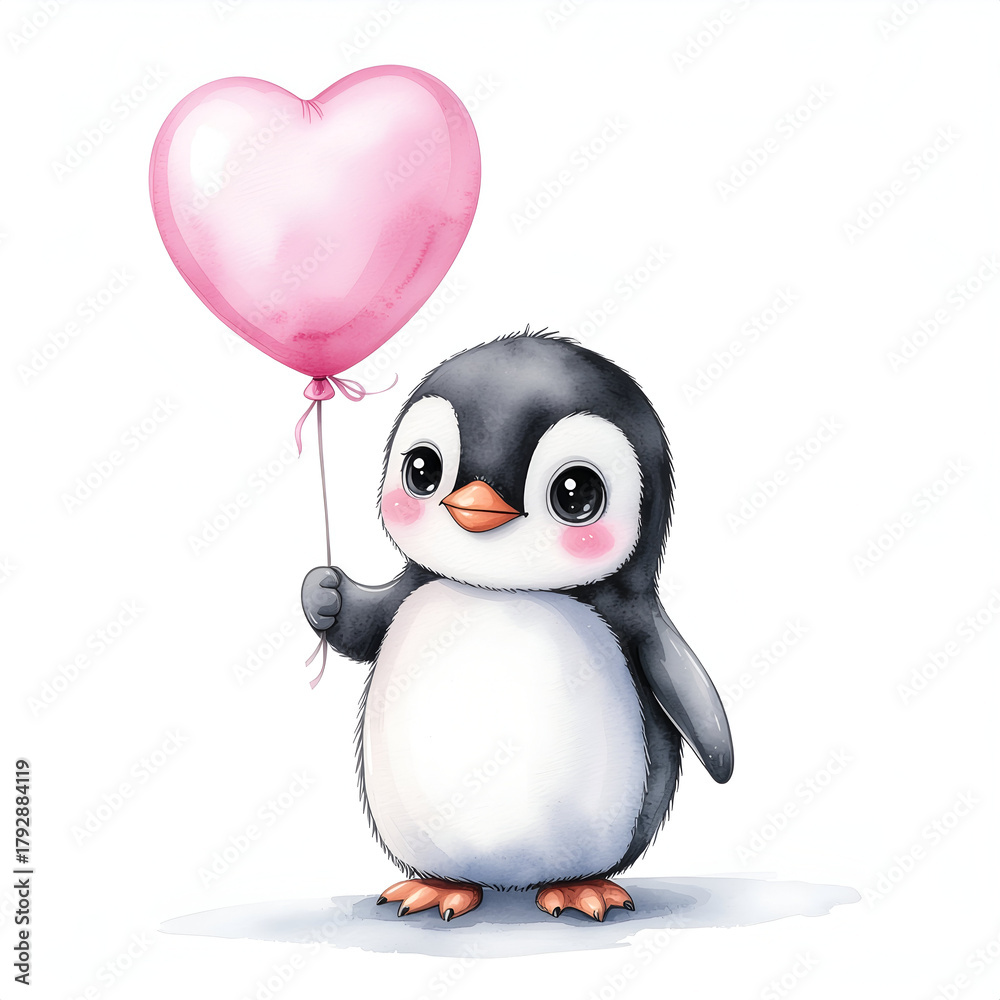 Fototapeta premium Cuddly Penguin with Heart-Shaped Balloon: A cute and charming penguin, clutching a pink heart-shaped balloon, exudes an air of affection and delight. It's a heartwarming illustration