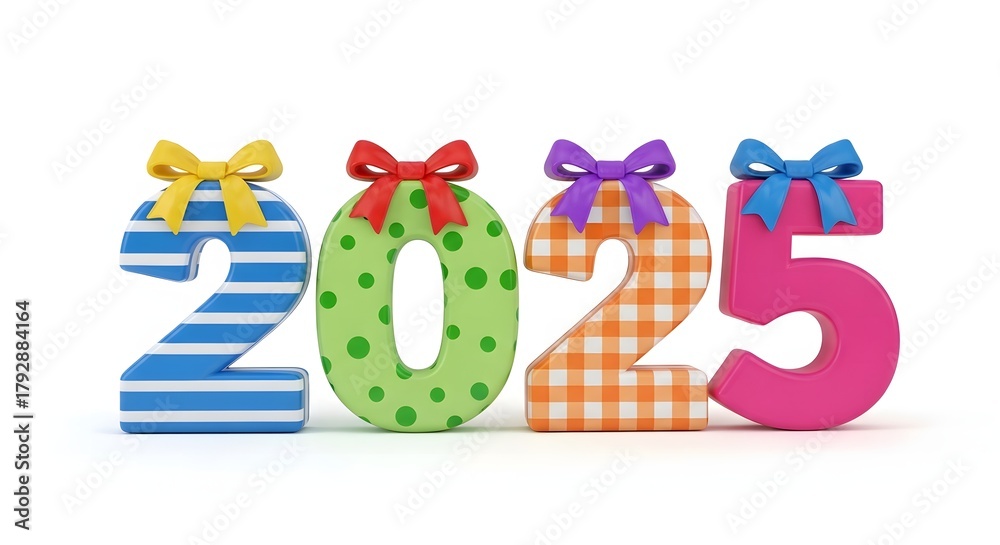 Obraz premium Colorful decorative numbers 2025 with festive ribbons and bows on white background