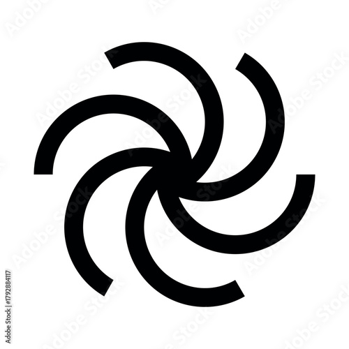A black and white graphic design featuring a spiral pattern with curved lines on a white background