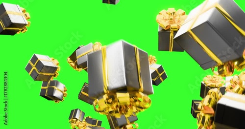 black gift boxes with golden ribbon on green screen