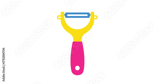 A brightly colored yellow and pink peeler with a blue blade sits against a white background.
