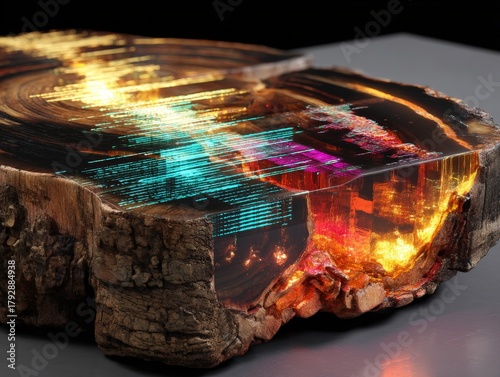 A cross-section of a tree trunk is combined with digital elements, creating an artistic fusion of nature and technology. Bright colors and fragmented patterns enhance the futuristic theme