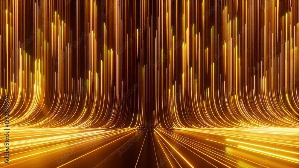 looping 3d animation. Abstract neon background, golden yellow vertical lines, glowing trails, speed of light. Seamless loop motion