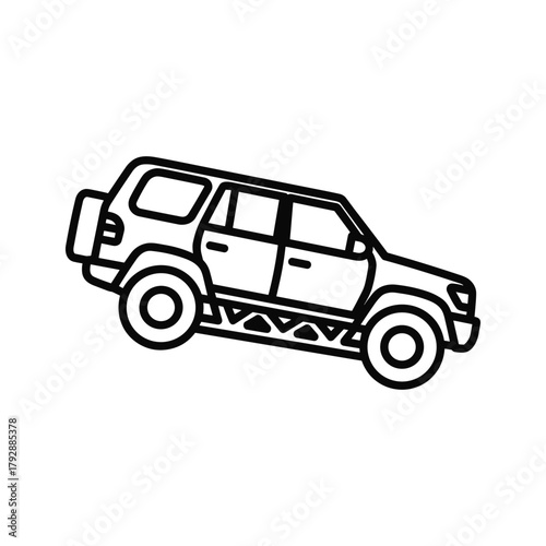 Outline drawing of an offroad suv with a spare tire on the back