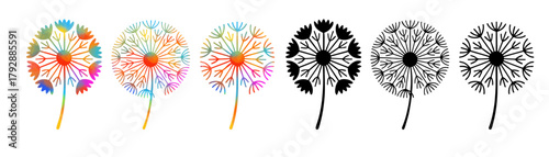 A set of different decorative dandelions. Hand drawn. Not AI,