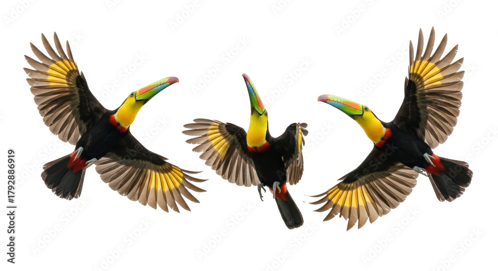 Obraz premium Isolated group of Yellow-ridged Toucans in flight, colorful tropical birds with large beaks