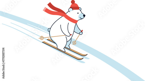 Cartoon Polar Bear Skiing Downhill with Red Hat and Scarf on Snowy Slope for Winter Sports Illustration