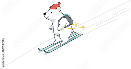 Cartoon Polar Bear Skiing Downhill with Winter Hat and Backpack in Snowy Landscape for Kids Adventure Theme