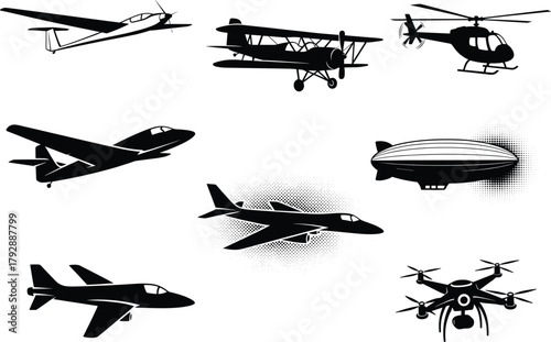 Aircraft and aviation vehicles vector illustration, airplane, jet, helicopter, drone, zeppelin, biplane, glider, flying machines, air transport, aviation silhouettes set design