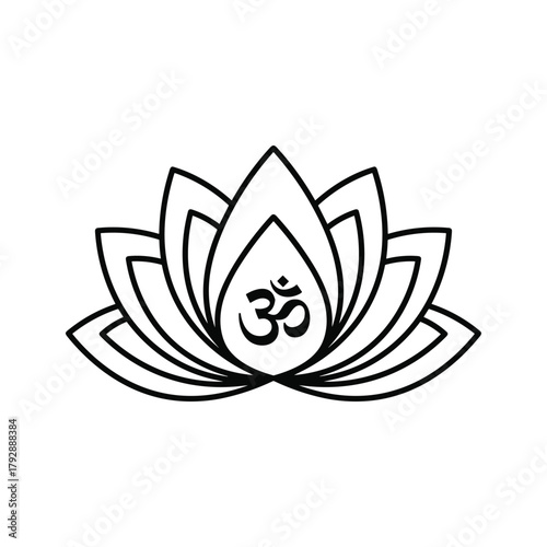 Outline drawing of a lotus flower with the om symbol inside, representing spirituality and peace