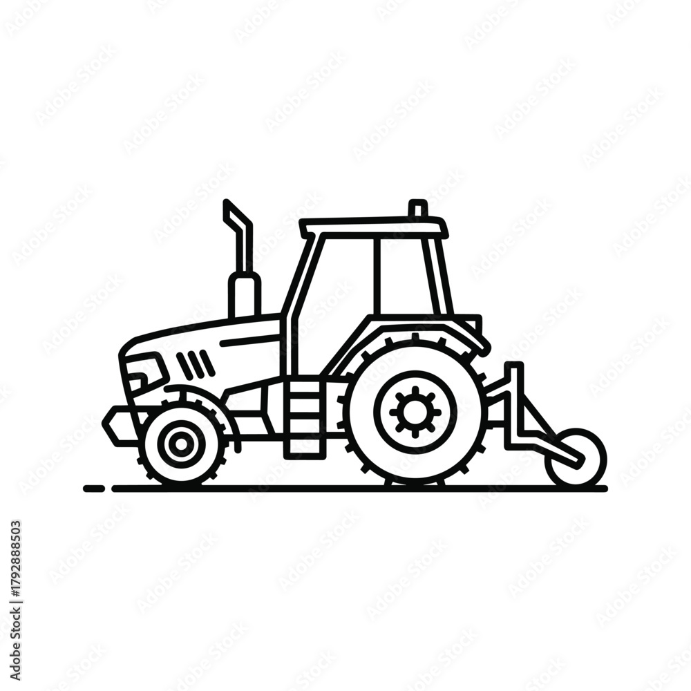 Fototapeta premium Black and white line art icon of a modern tractor with a plow attachment