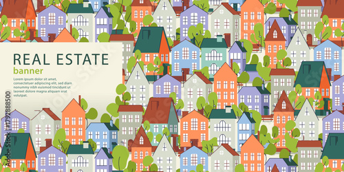 Real Estate, Rent, Residential Area banner with cute cartoon flat town, house illustrations, copyspase, web home page template