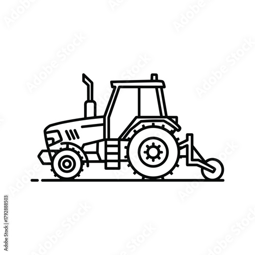 Black and white line art icon of a modern tractor with a plow attachment