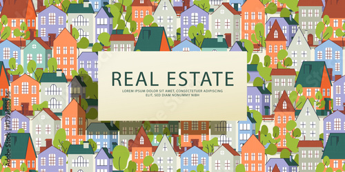 Real Estate, Rent, Residential Area banner with cute cartoon flat town, house illustrations, copyspase, web home page template