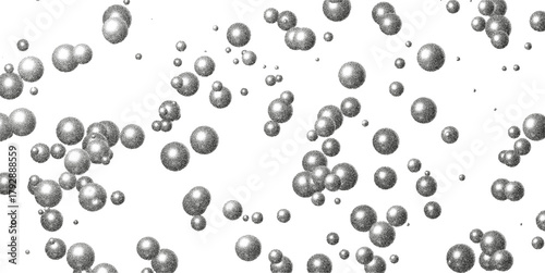 3D silver bubbles and spheres forming abstract pattern background. Glossy 3D spheres and floating bubbles with metallic shine, grain texture, and smooth reflective gradient effect