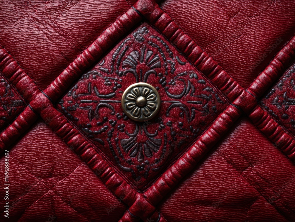 Obraz premium Intricate red leather pattern with embossed design on diamond-shaped sections. Centerpiece features ornate floral metallic button. Luxurious texture and detailed craftsmanship displayed