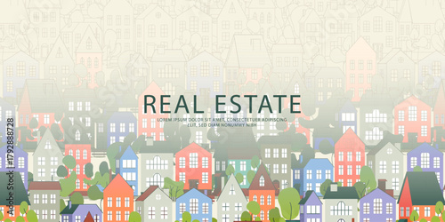 Real Estate, Rent, Residential Area banner with cute cartoon flat town, house illustrations, copyspase, web home page template