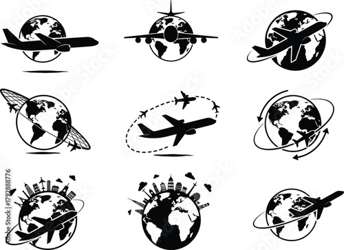 Airplane globe travel vector set, aviation icons, international flight concept, global tourism, worldwide connectivity, airline transportation, black and white illustration