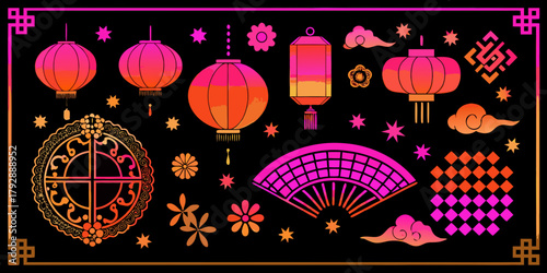 Vibrant collection of chinese new year decorative elements including lanterns clouds fan and auspicious symbols in gradient colors