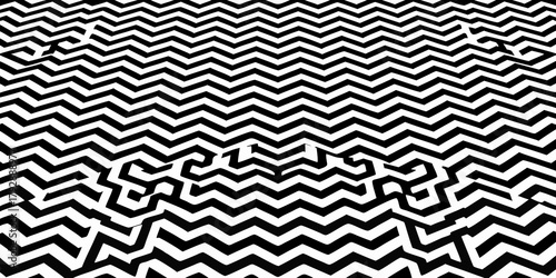 Abstract black and white zigzag pattern with optical illusion maze effect