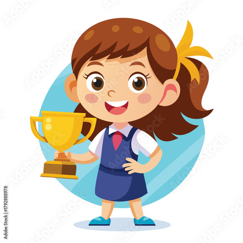 Happy schoolgirl holding gold trophy celebrating academic success