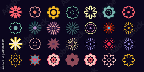 Collection of diverse stylized floral and starburst icons in various colors against a dark background