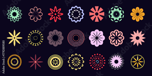 Collection of diverse geometric floral shapes in various pastel and bright colors on dark background