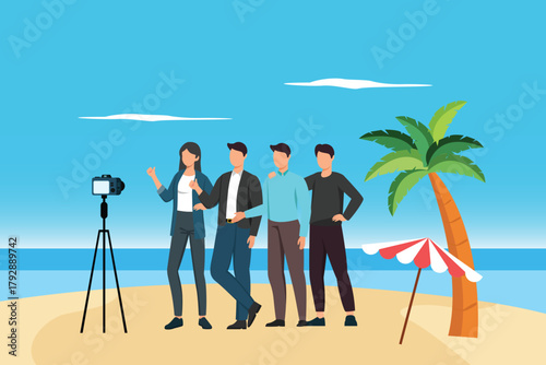 office gathering taking pictures together on the beach. office Gathering concept. colored flat vector illustration isolated