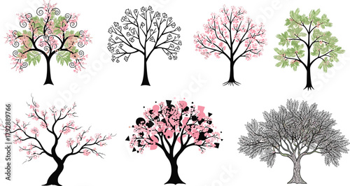 Set of creative blossoming trees in artistic style with pink flowers, vector illustration, spring nature elements