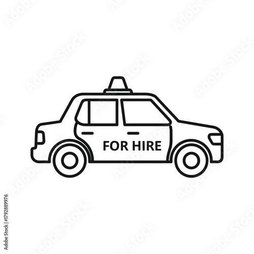Line art illustration of a taxi cab with for hire text
