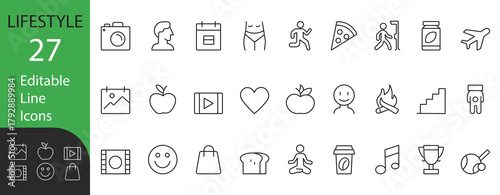 Lifestyle Line Icon Set. Contains symbols for fitness, food, travel, relaxation, and wellness. Line vector design for personal projects, health apps, and lifestyle presentations.