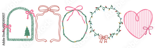 Set of Bow Christmas Frame Hand  Drawn, Vector Illustration Winter Holiday Frames With Decorated Christmas invitations, and greeting cards, Christmas Background.
