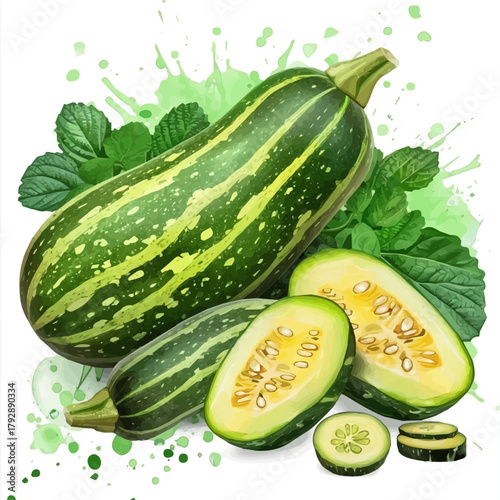 My Watercolor illustration, sliced squash painting illustration isolated on a white background, illustration, AI painting design, vector illustration set, eps format