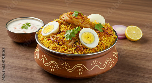 Delicious chicken biryani in a traditional clay pot with boiled egg